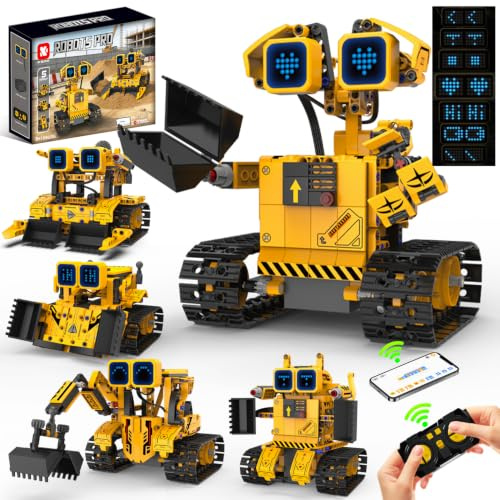 Technik Roboter Baukasten für Kinder, 5-in-1 programmierbarer roboter Set | App & Fernbedienung, STEM Bulldozer Kipplaster Klemmbausteine, 452 Stück, Geschenk für Kinder Jungen ab 8-12+ Jahren