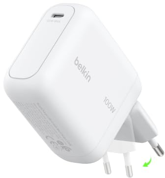 Belkin BoostCharge USB C Ladegerät, 100W, Kompaktes GaN Schnellladegerät mit Einklappbarem Stecker, Netzteil für iPhone 17, Samsung Galaxy S26, Pixel 10, AirPods, Tablet, MacBook, Chromebook – Weiß