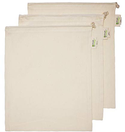Simple Ecology Reusable Organic Cotton Muslin Grocery Shopping Produce Bags - Large 3 Pack (Heavy Duty, Washable, Produce Saver Bags, Food Storage, Bulk bin, Tare Weight tag, Drawstring)