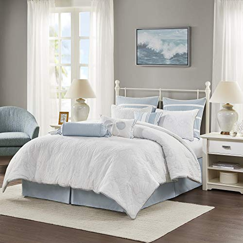 Harbor House Cotton Comforter Set-Coastal Oceanic Sealife Design All Season Down Alternative Bedding with Matching Shams, Bedskirt, Queen(92x96), Beach, Quilted Seashell White, 4 Piece