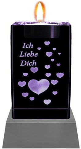 Kaltner Präsente Stimmungslicht Kristall Glasblock mit 3D Gravur/Ich Liebe Dich Geschenke für Frauen, Männer/Jahrestag Geschenk für Sie, Ihn/Gravur Herz/Teelichthalter