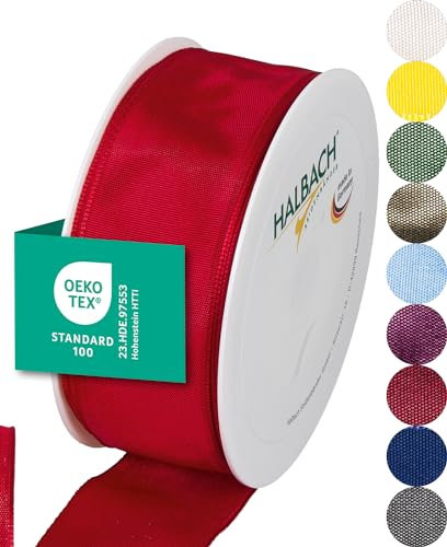 Halbach Seidenbänder Premium Geschenkband mit Drahtkante | Breite 40mm Länge 25m | Öko-Tex 100 zertifiziertes Schleifenband | Taftband Made in Germany, Farbe: rot