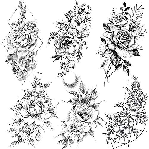 COKTAK 6 BläTter Groß Schwarz Rose Blume Temporäre Tattoos Frauen Körper Arm Beine Päonie Geometrisch Aufkleber Gefälscht Wasserdicht Skizzieren Tätowierung Sexy Pfingstrose Temporary Tattoos