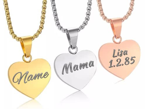 Herzkette mit Wunschgravur - Damen-Kette Namenskette mit Name oder Buchstaben - Amulett in Herzform - Personalisierte Edelstahl Kette Herz (Gold)