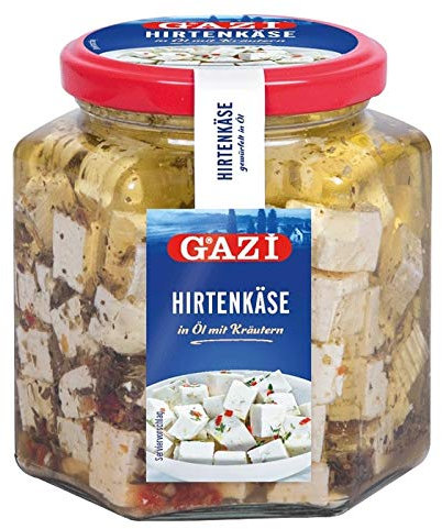 Gazi Hirtenkäse in Öl mit Kräutern - 4x 300g Glas - Kuhkäse Käse Cow Cheese Käse in Rapsöl Kräuter 45% Fett i. Tr. aus 100% Kuhmilch mild mikrobielles Lab vegetarisch glutenfrei Halal