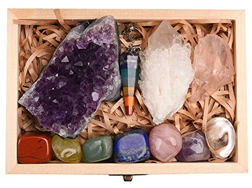 Juego de 11 cristales curativos, kit de piedras de chakras en caja de regalo, amatista natural, racimo de piedras curativas de cristal, mineral en bruto, siete chakras, péndulos, piedra terapéutica