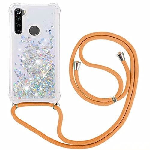 FMPCUON Coque Xiaomi Redmi Note 8 Glitter Liquide Collier pour Téléphone Portable avec Cordon - Lanyard Paillettes Flowing Sand Silicone Gel TPU Housse avec Smartphone Collier Étui, Argent