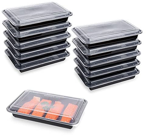 STACKABLES 10 Pack Plastic Large Flat Rectangular Black Food Containers with Clear Lids ~ BPA-Free ~ Microwave and Freezer Safe ~ Meal Prep Storage Deli Containers 58oz