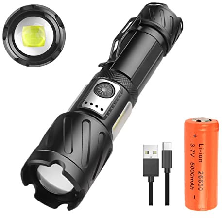 Lampe de Poche Ultra Puissante 50000 Lumen, Torche Militaires Tactique Rechargeable USB Ultra Lumineuse, 6 Modes d'Eclairage, Lampe Torche Zoomable Imperméable Camping, 26650 Batterie Incluse