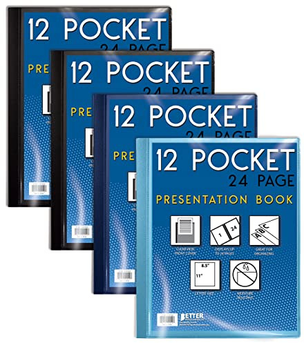 Better Office Products 12 Pocket Bound Presentation Book, Assorted Colors, Clear View Front Cover, 24 Sheet Protector Pages, 8.5 x 11 Sheets, Art Portfolio, Poly Covers, Letter Size (4 Pack)