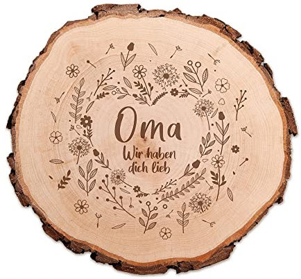 Baumscheibe mit Gravur, Deko Holzscheiben Geschenk für Oma, Runde Baumstamm Scheibe mit Blumenherz Motiv, Gravierte Holzplatte als Geschenkidee, Natur Tischdeko, Geburtstagsgeschenk für Frauen