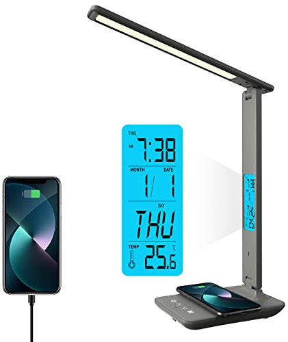 poukaran Desk Lamp, LED Desk Lamp with Wireless Charger, USB Charging Port, Table Lamp with Clock, Alarm, Date, Temperature, Office Lamp, Desk Lamps for Home Office, Grey