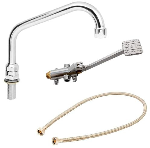 Set de Grifo Pedal Mezclador de Pie Pulsador para Fregaderos Industriales de Hostelería, Caño Tubo Medio Vertical Giratorio - Grifo Agua Fría, Grifo De Pedal, Latiguillo Grifo Cocina