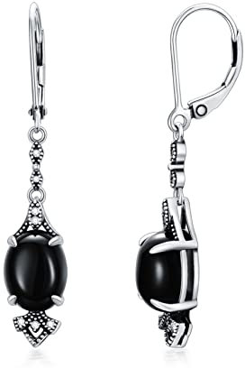 Ohrringe Onyx Schwarz 925 Sterling Silber Vintage Dangle Drop Leverback Ohrhänger Oval 10mm Stein Achat Ohrringe für Frauen (Style B)