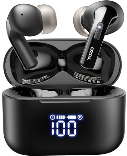 TOZO T20 Kopfhörer Kabellos Bluetooth 5.3 Bluetooth Kopfhörer IPX8 Wasserdicht In Ear Ohrhörer mit LED-Anzeige, APP Steuerung, 48.5 Std Akkulaufzeit, Dual-Mic Noise Cancelling Kopfhörer - Schwarz