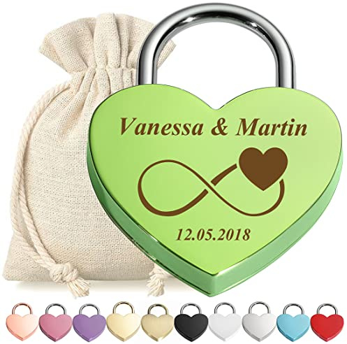polar-effekt Liebesschloss Vorhängeschloss Grün mit personalisierter Wunschgravur - Motiv Unendlichkeit - Geschenkbeutel - passend zur Hochzeit, Jahrestag, Valentinstag - Paar-Geschenk - Mann, Frau
