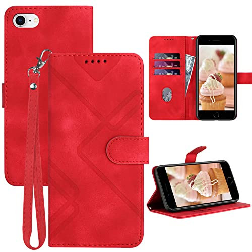 GOTOURED for iPhone SE 2022/2020/8/7/6/6S Phone Case Wallet, Card Holder Leather, Wrist Strap, Magnetic Closure, Kickstand, Shockproof Protective Pattern Flip Cover (Red)