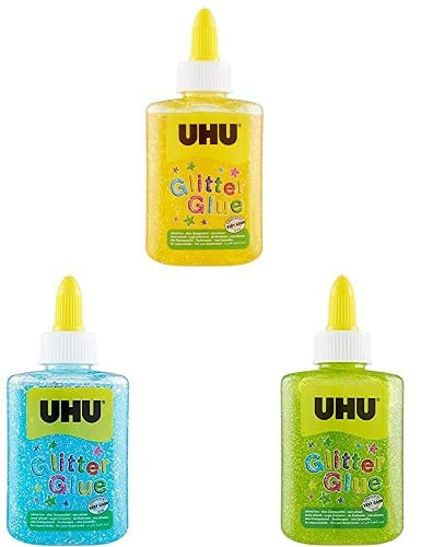 Pacchetto di 3 UHU Glitter Glue Bottle 88,5ml colore azzurro + giallo + verde, ideali per lo slime