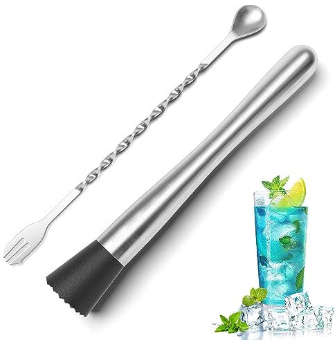 Paquete de 2 cucharas para mezclar cócteles, cucharas para mezclar, mortero para cócteles, cucharas para mezclar cócteles de acero inoxidable, para mezclar cócteles, jugos de bebidas, 25 cm
