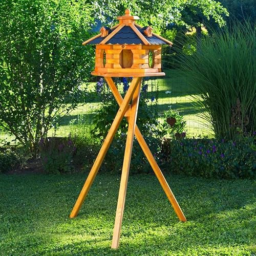 Deko-Shop-Hannusch Vogelhaus wahlweise mit Ständer und Solarbeleuchtung, Verschiedene Größen L - XXL, Futtersilo, wetterfestes Bitumendach (Größe Standard L mit Ständer, schwarz)