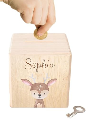 wunderwunsch - Personalisierte Spardose Kinder aus Holz mit Metallschloss - Spardose mit Namen mit kinderfreundlichem UV-Druck zum Sparen für Kinderträume