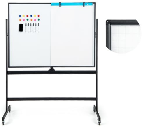 COSTWAY Doppelseitiges mobiles Whiteboard, 120 x 90 cm, Trocken abwischbares magnetisches Whiteboard mit Gittermuster, Rollen, Ständer und Stiftablage, inkl. Zubehör für Büro, Zuhause (Schwarz)