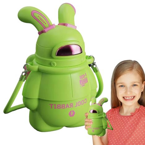 Yiurse Hasenförmige Flasche – Edelstahl-Wasserflasche für Kinder, 316 Edelstahl, Cartoon-Thermobecher mit Strohhalm, hohe Kapazität