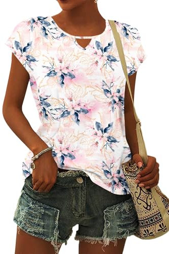 WNEEDU Tee Shirt Femme Col en V Débardeur T Shirt Manches Courtes été Hauts Top Amples Chemises Base Décontracté Fleur Rose Blanche L