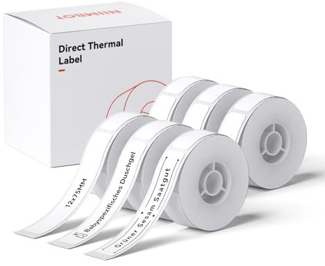 NIIMBOT Etiketten Selbstklebend, 12 x 75mm Thermo Etikettenband, Kompatibel mit D110 D11 D101 Etikettendrucker, 6 Rollen
