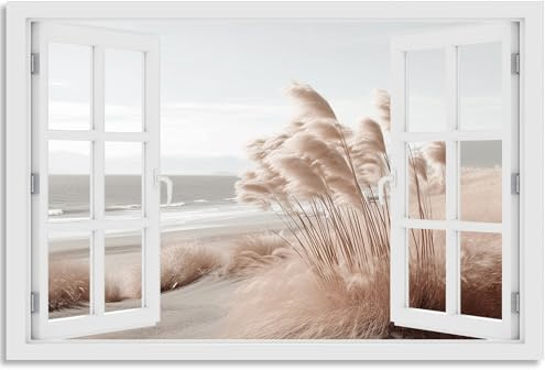 Wandbild Outdoor wetterfeste Bilder für draußen | Gartenbilder Innen & Außen | Landschaftsbilder Acryl Glas Fensterblick Effekt | 100x50cm Meer Schilf Pampasgras
