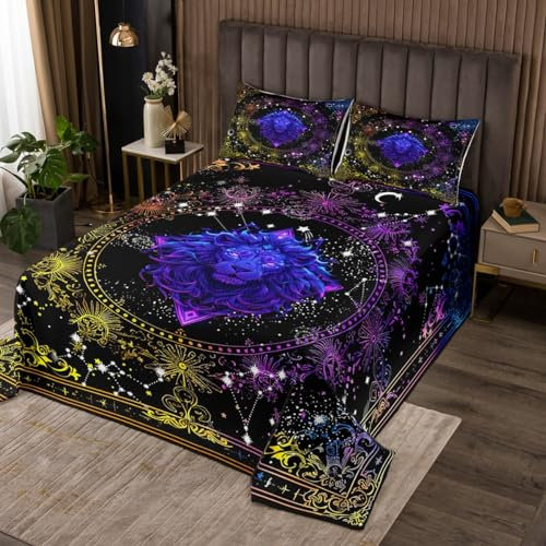 Loussiesd Lion Constellation Steppdecke Astrologie Tagesdecke 240x260cm für Kinder Zimmer Dekor Zodiac Psychedelic Bettüberwurf Horoskop Wohndecke