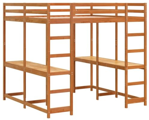 vidaXL Hochbett mit Schreibtisch & Leiter Braun 160x200 cm Kiefernholz, Hochbett mit Schreibtisch, Etagenbett Kinder, Hochbett Massivholz