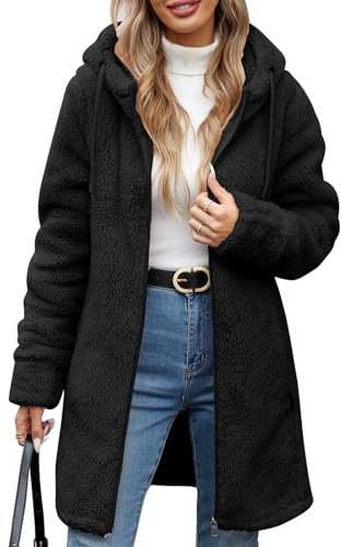RITOSTA Felpa Pile Donna Lungo Felpe con Cappuccio Cappotto Invernale Giacca Elegante Caldo Giaccone Giubbino Cappotti con Zip Tasche Termica Sweatshirt Manica Lunga Cardigan Hoodie (Nero,M)
