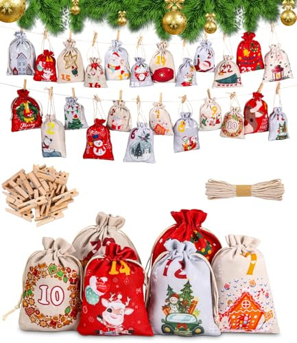 Adventskalender Stoffsäckchen zum Befüllen 2024 für Kinder Frauen Männer,Adventskalender Säckchen,Stoffsäckchen Adventskalender,Säckchen Adventskalender,24-Ziffern, 24-feste Clips, Feiertags-Countdown