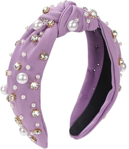 WantGor Pearl Knotted Headband, Women Rhinestone Embellished Hairband Elegant Wide Top Knot Bride Headbands Headpieces Party Fashion Elegant Ladies Hair Band Hair Hoop Accessories (Purple)