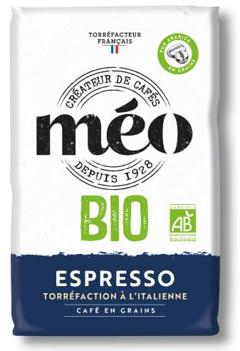 Café Méo en Grains Espresso Biologique - Torréfaction à l'Italienne - en Pack de 6 sachets de 1 KG - Niveau de torréfaction foncé - Certifié AB