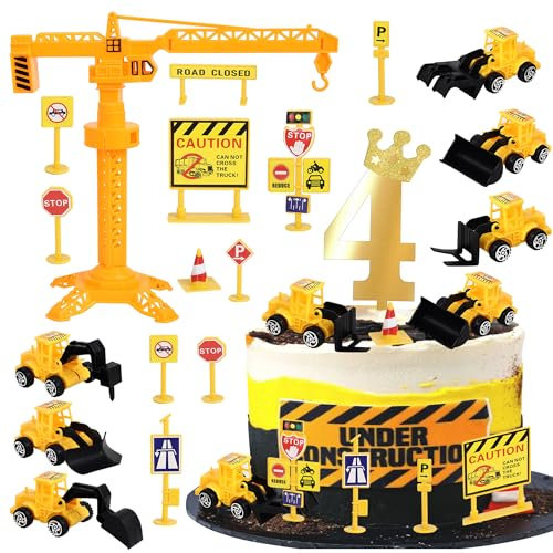 17 Stück Baufahrzeuge Tortendeko Set Straße Schild Turm Bagger Kuchen Deko Acryl Anzahl 4 Cake Topper für Bau Thema Baby Dusche Kinder 4. Geburtstag Party Kuchen Dekorationen