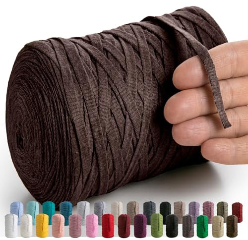 MeriWoolArt® Baumwollgarn Band Braun - 10mm T-Shirt Band Garn für Stricken, Makramee, Häkeln, Weben, Geschenkband - 150 m Baumwollband (Braun)