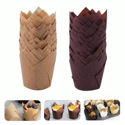 PLUSHCEWT Tulip Cupcake Cases, 200 Pcs Two Colors Greaseproof Muffin Liners Baking Cups for Baking, Parties, Weddings, Birthdays, and Special Occasions (Brown & Yellow)