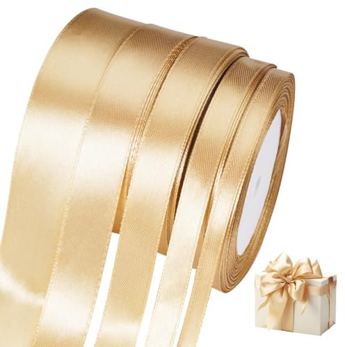 5 Stück Gold Geschenkband Satin, 22 m Goldenes Schleifenband, 0.6-2.5 cm Breit Schleifenband Gold Breit für Geschenkverpackungen, Bastelarbeiten, Geburtstags und Hochzeitsdekoration