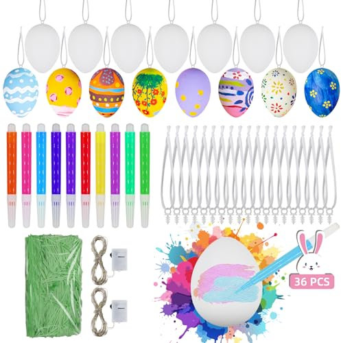 TUZELIYA 36 Weiße Ostereier mit LED Lichterkette und Geschreddertes Papier - Klassische Osterdekoration für Zweige und Ostergestecke - Ostern Basteln - 4 x 6 cm
