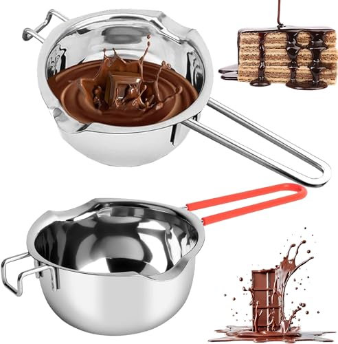 YUEMING 2PCS Chocolate Melting Pot, 400ml Stainless Steel Wax Melting Pot with Double Boiler Spouts, Chocolate Melting Pot for Melting Chocolate, Butter, Candy, Candle, Soap, Wax