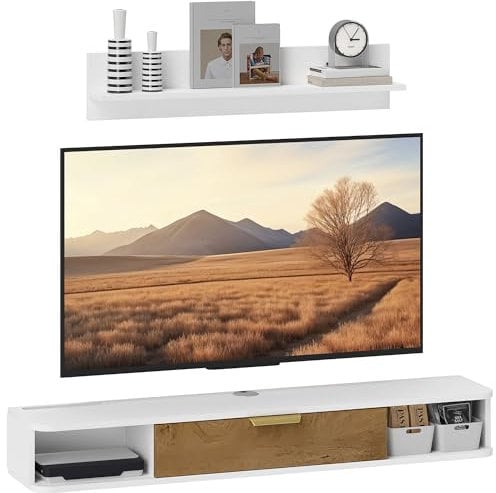 HOMCOM Mueble de Salón Mueble de Comedor con Estante de Pared Mueble de TV Armario Compartimentos Orificios para Cables para Televisión de Pared 120x24x16 cm Blanco