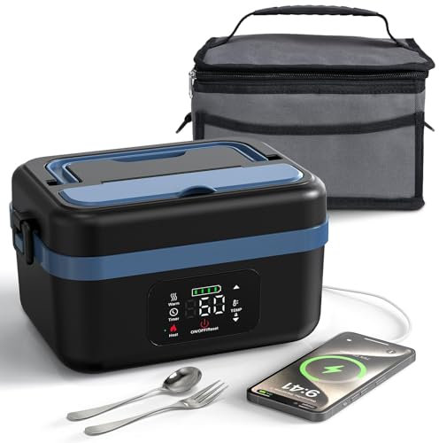 MooManGoo Cordless Electric Lunch Box for Adults, Men & Women, Heated Lunch box Battery Powered with 1L Container, Self Heating Lunch Box Rechargeable for Car/Truck/Office/Travel
