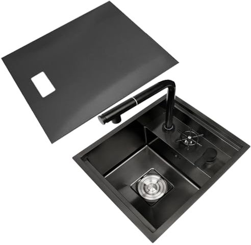 Fregadero oculto de acero inoxidable de un solo recipiente para balcón, bar o cocina pequeña. Fregadero de estación de trabajo que ahorra espacio con tapa y accesorios.