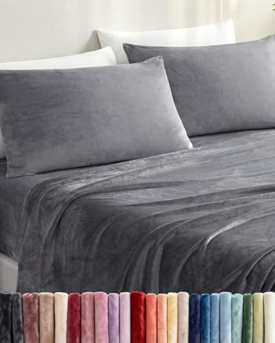 Fleece Sheets Queen Size Set - 4-Piece Velvet Flannel Sheet Set - Super Soft Fleece Bedding - 1 Flat & 1 Fitted & 2 Pillowcases - Warm, Comfy & Plush - Deep Pockets, Fuzzy & Anti-Static - Dark Grey