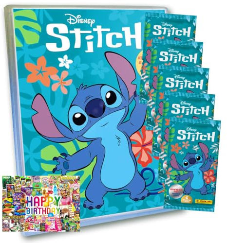 Bundle mit Panini Stitch Karten - (2025) Stitch Trading Cards Sammelkarten - 1 Mappe + 5 Booster + Exklusive Geburtstagskarte