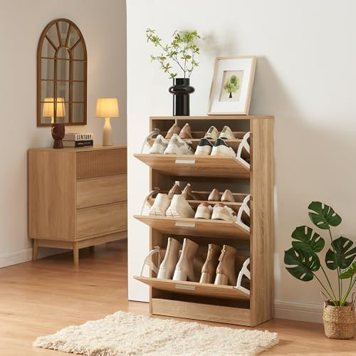 [en.casa] Schuhschrank Sykkylven Schuhkipper mit 3 Klappen Schuhkommode für 12 Paar Schuhe 103 x 60 x 24 cm Sonoma-Eiche