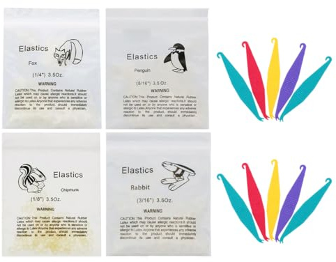 WUSJCOF 4set Stück Zähne Gummiband, Kieferorthopädische Elastische mit 10 Stück Platzierer für Zahnspangen, Zahnlücken, Krumme Zähne (Kaninchen 3/16)
