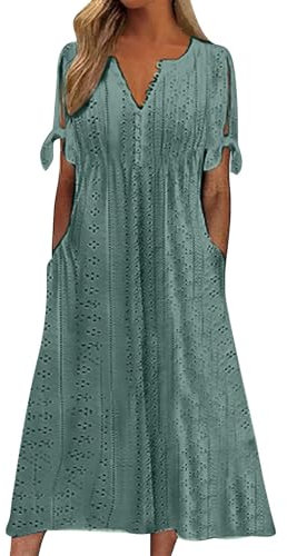 Robe Chemise Femme Coton Longue Tuniques Ajourée Blouse Col En V Manches Courte Tunique Mode Chemisette Casual Tops Couleur Unie Chemises Rose Pale Chemisiers Confortable Hauts Ample Blouses